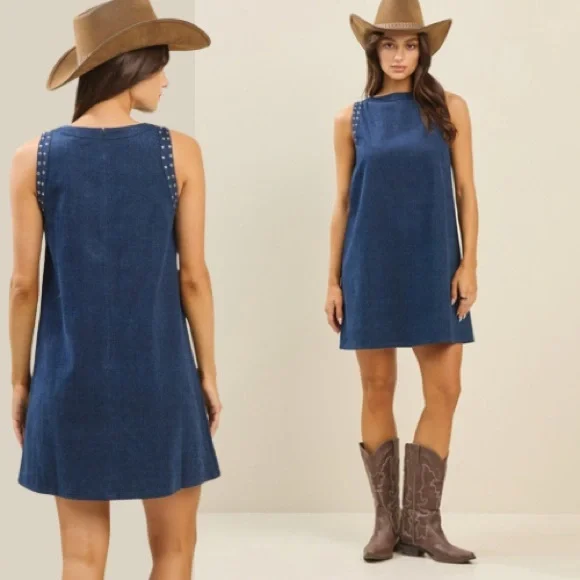 New Trendy Blue Denim Studded Sleeveless Shift Style Dress